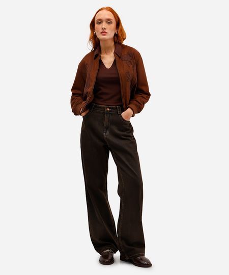 calça wide leg feminina jeans cintura alta marrom 34
