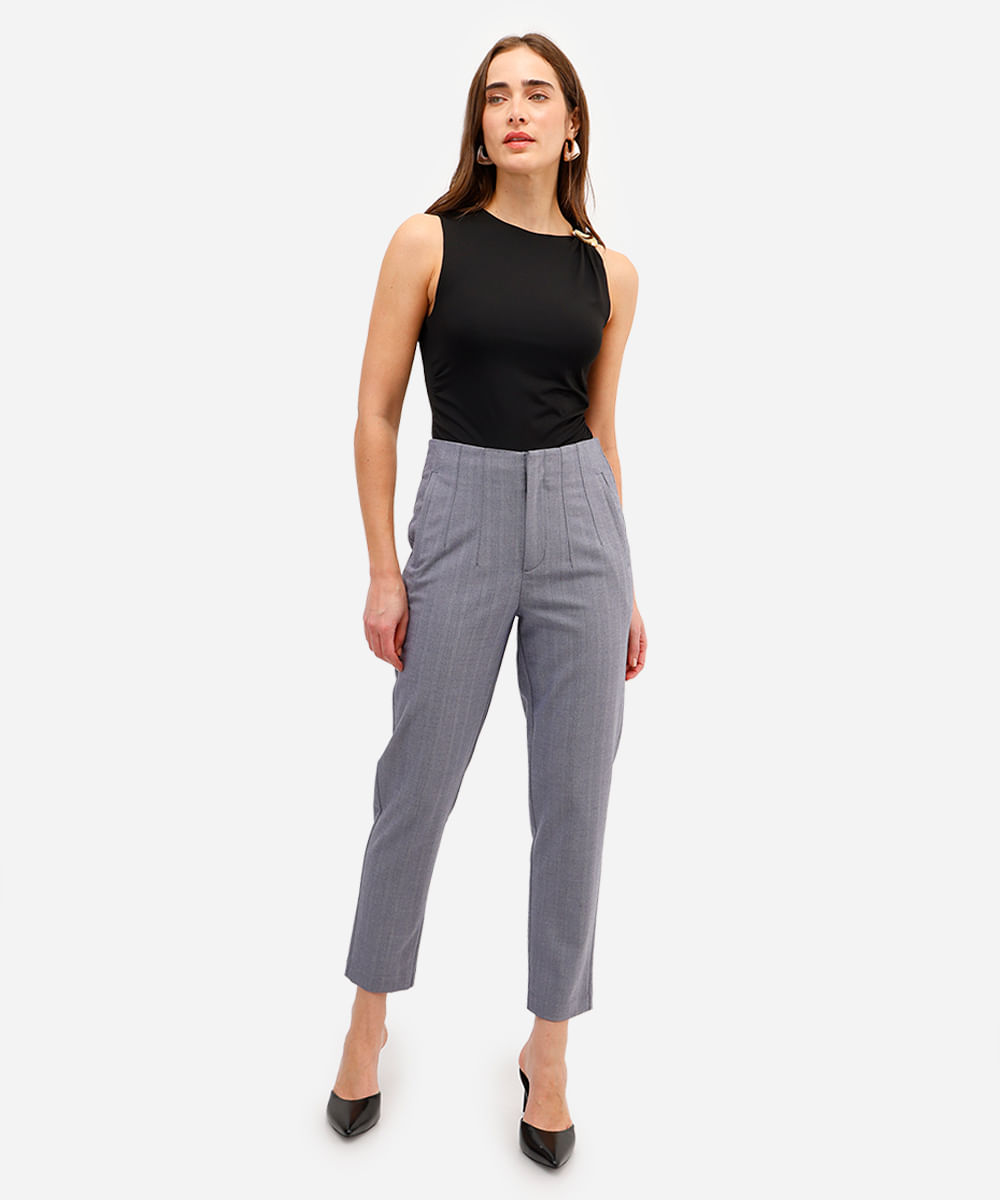 calça de alfaiataria feminina com pences listrada azul