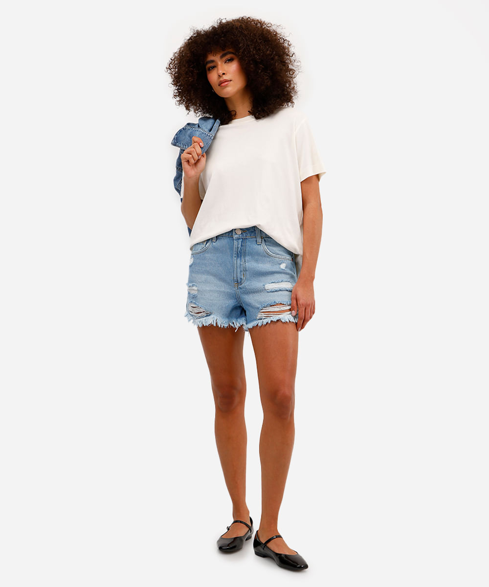 short reto feminino jeans destroyed azul