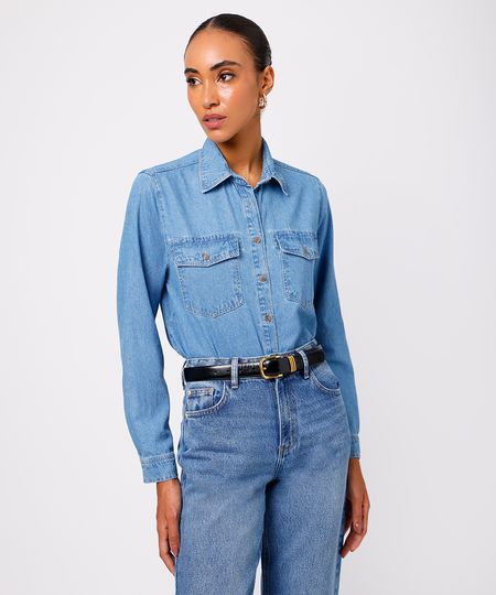 camisa feminina jeans com bolsos mindset azul P