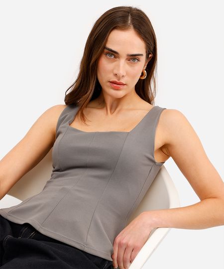 regata peplum feminina com recortes texturizada cinza PP