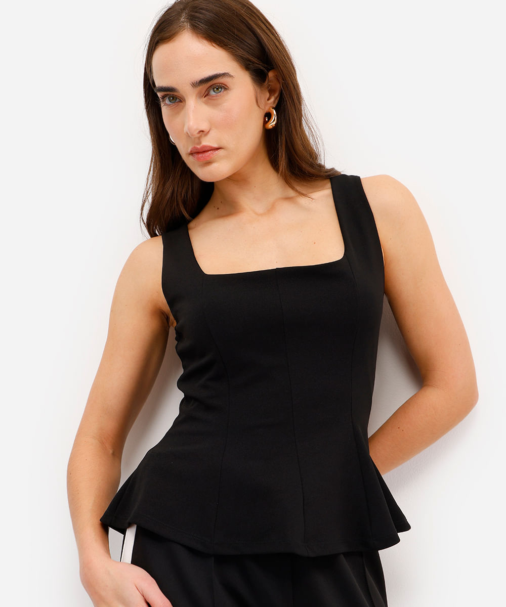regata peplum feminina com recortes texturizada preta