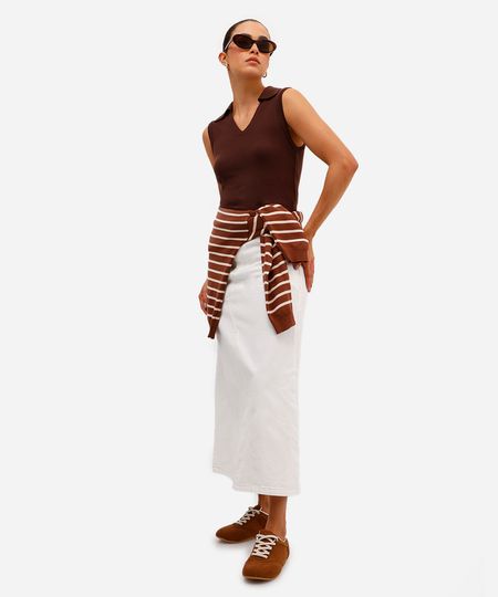 saia midi feminina evasê de sarja com recorte off white 46