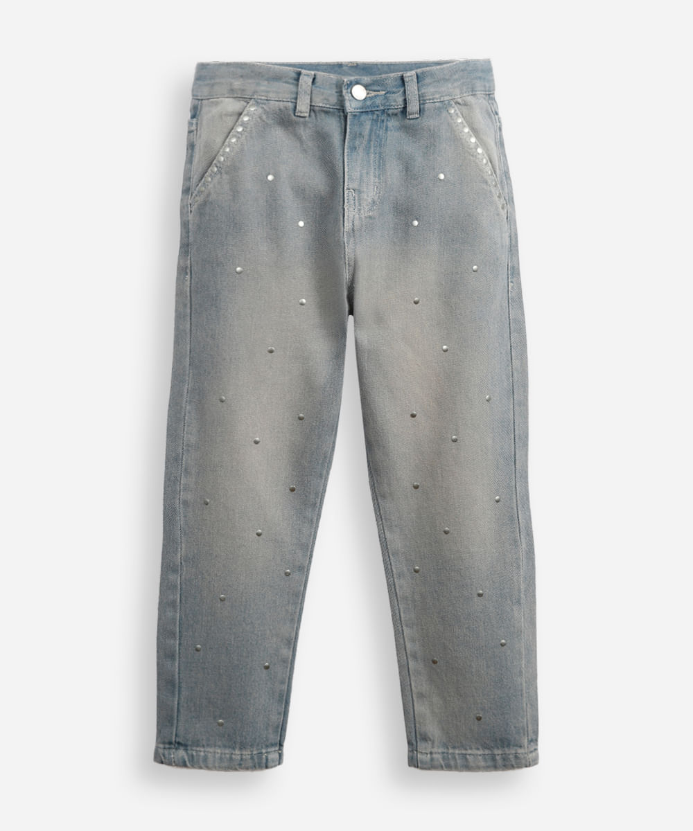 calça infantil mom jeans tachas azul