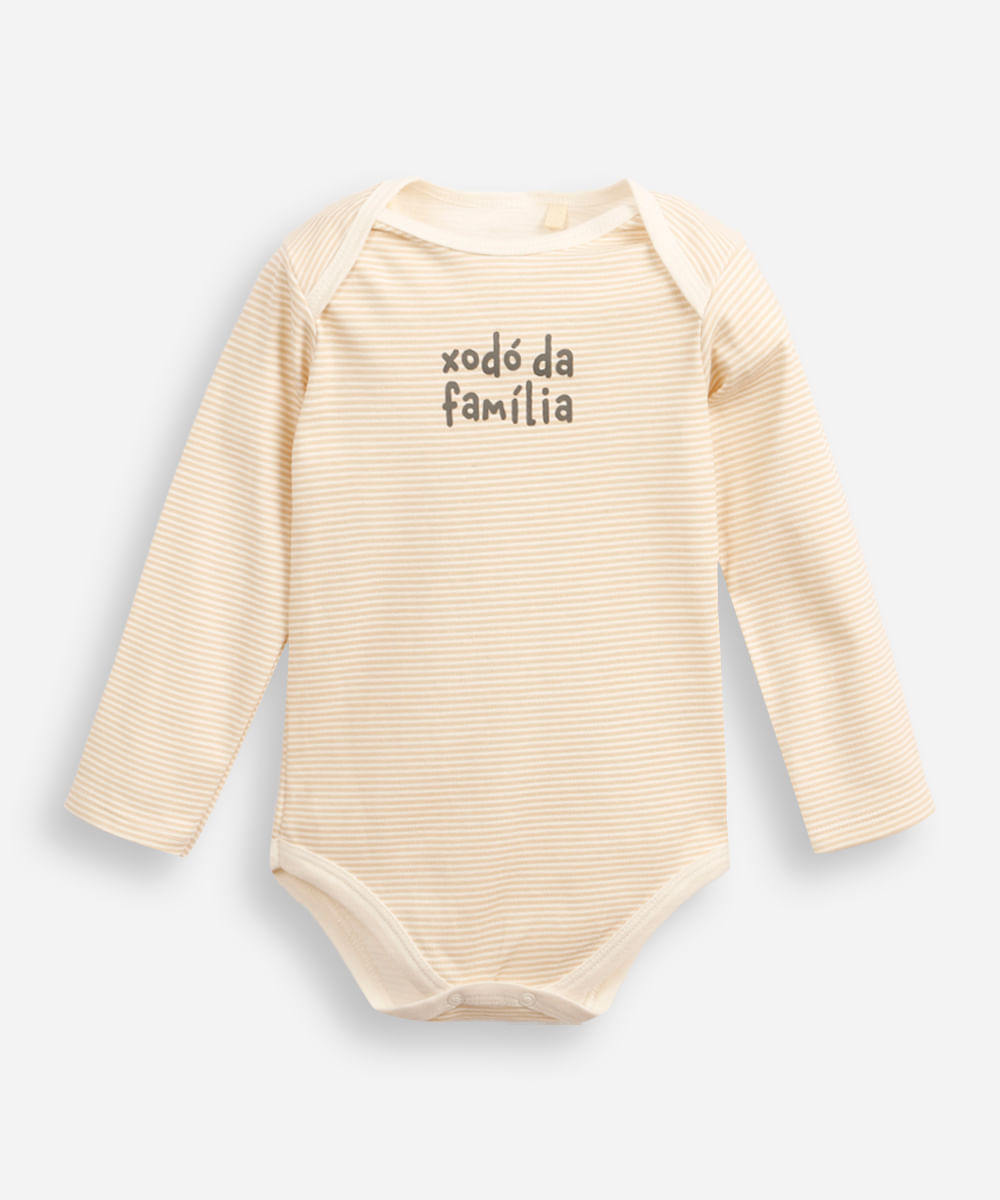 body infantil de algodão manga longa listrado bege