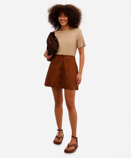 saia curta feminina de suede com botões marrom 34