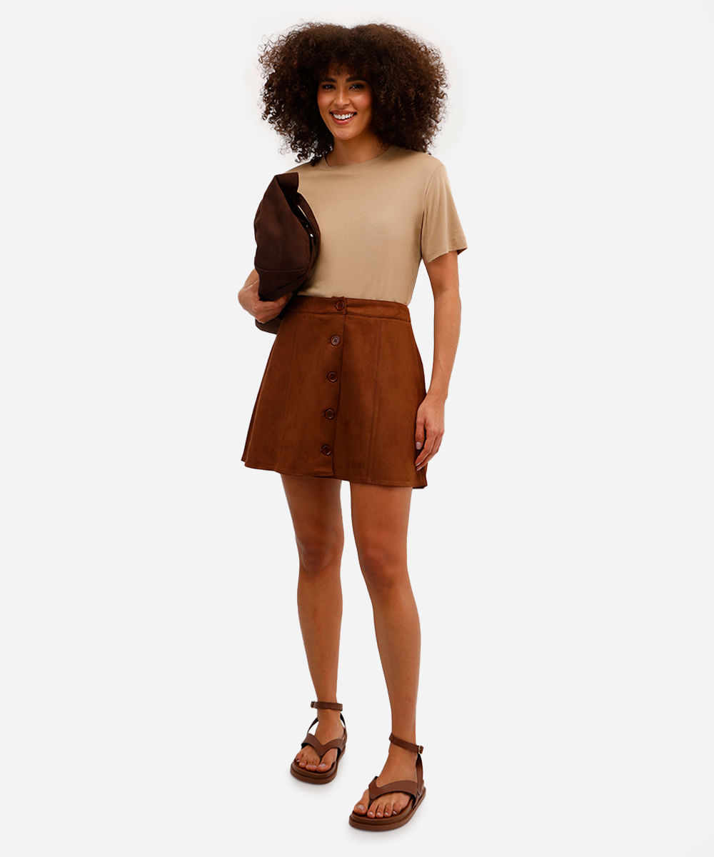 saia curta feminina de suede com botões marrom