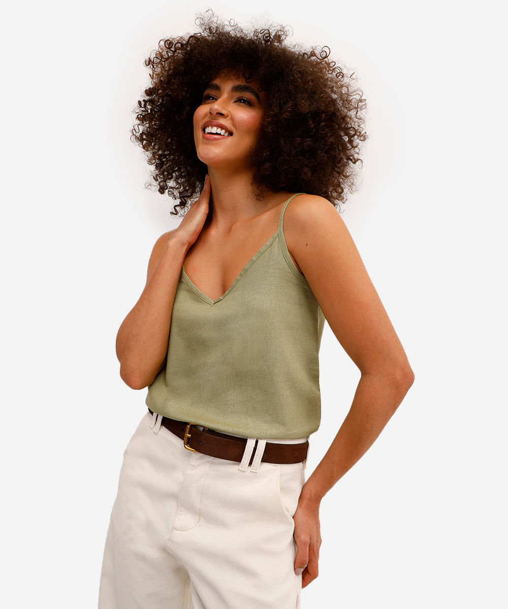 regata feminina com linho decote v verde