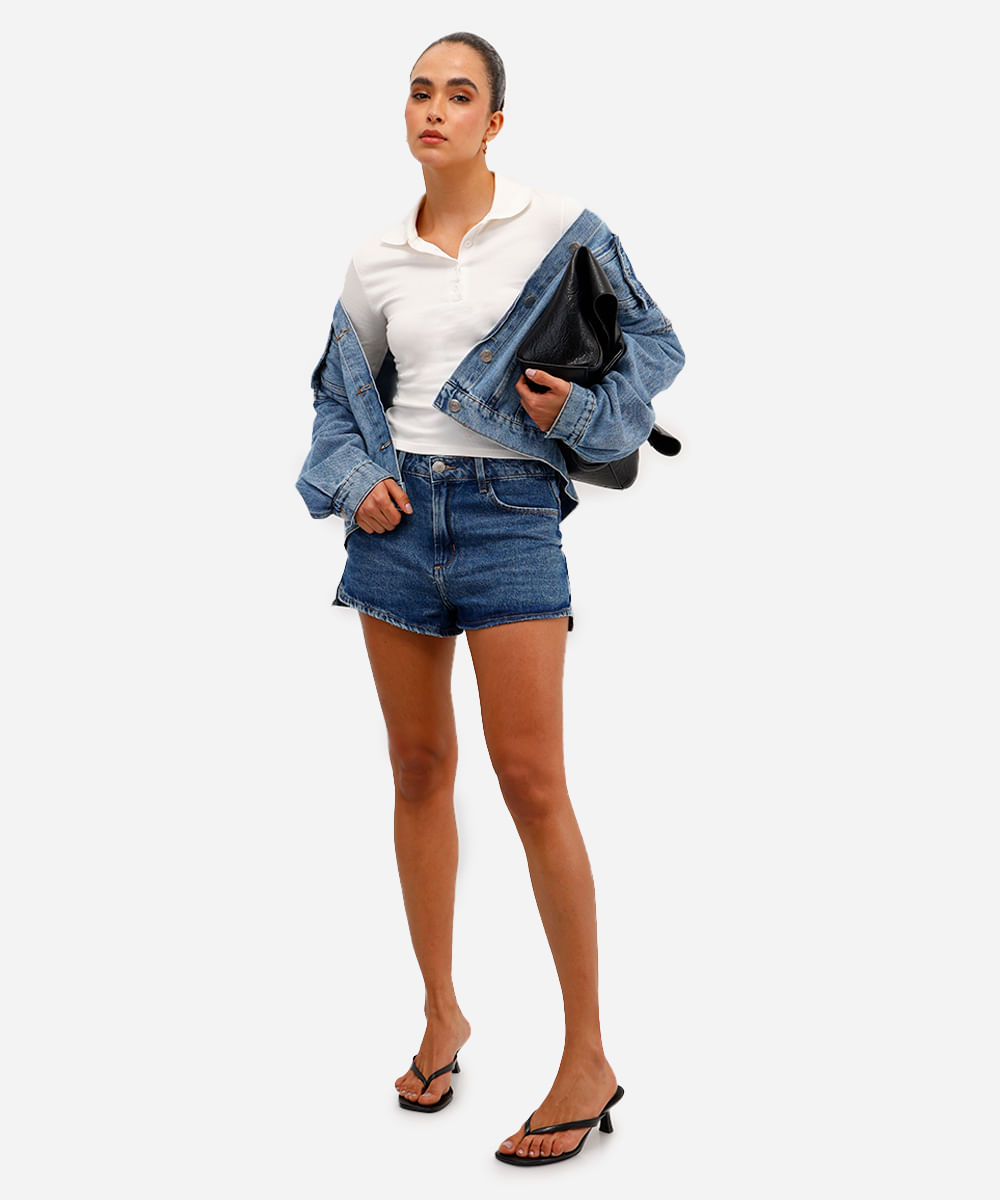 short feminino jeans cintura média azul