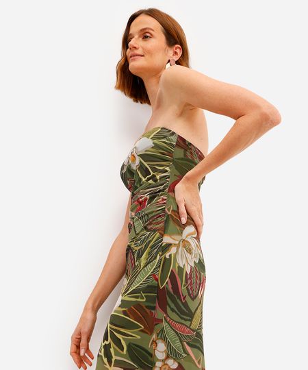 vestido sem alça feminino de tule franzido com fenda floral verde P