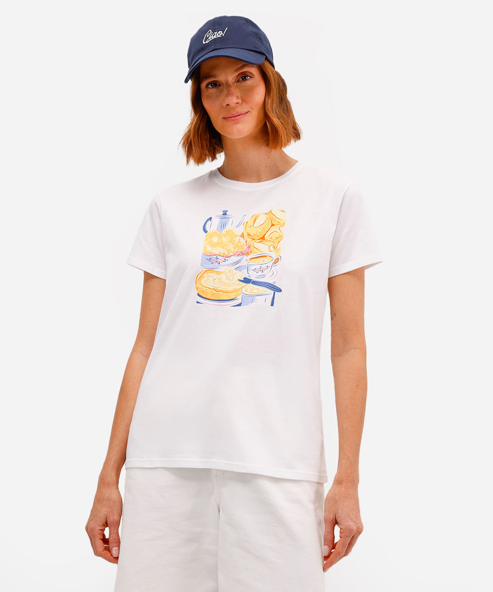 camiseta feminina de algodão café da manhã off white