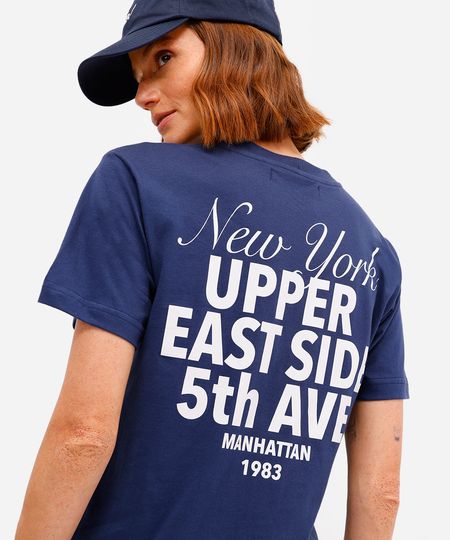 camiseta feminina de algodão new york azul PP