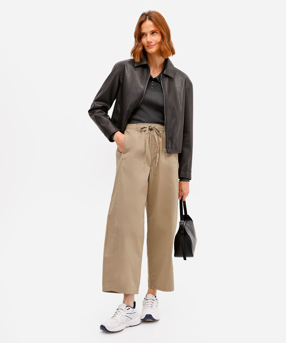 calça baggy feminina de algodão cós elástico bege