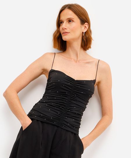 blusa feminina alça fina decote coração franzida com brilhos preta PP blusa feminina alça fina decote coração franzida com brilhos preta PP