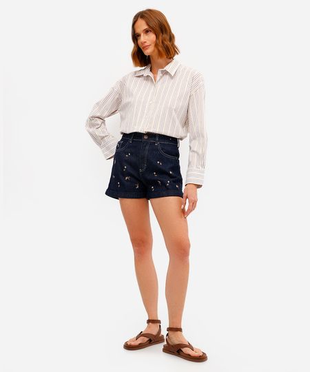 short mom feminino jeans bordado floral azul 34
