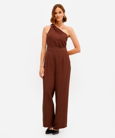 macacão ombro único feminino de viscose marrom PP