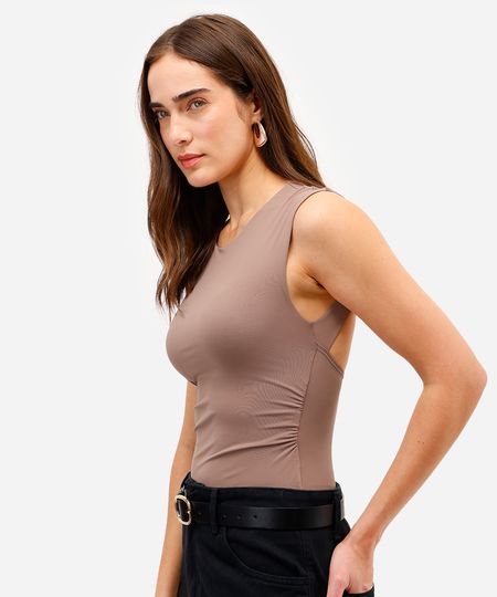 body feminino de poliamida franzido com recorte bege G body feminino de poliamida franzido com recorte bege G