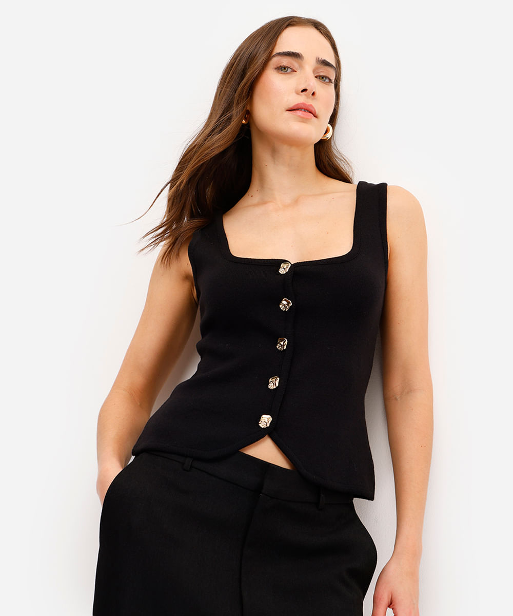 regata feminina de tricot com botões preta