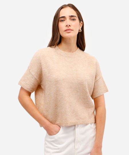 blusa feminina de tricot com lã manga curta bege PP
