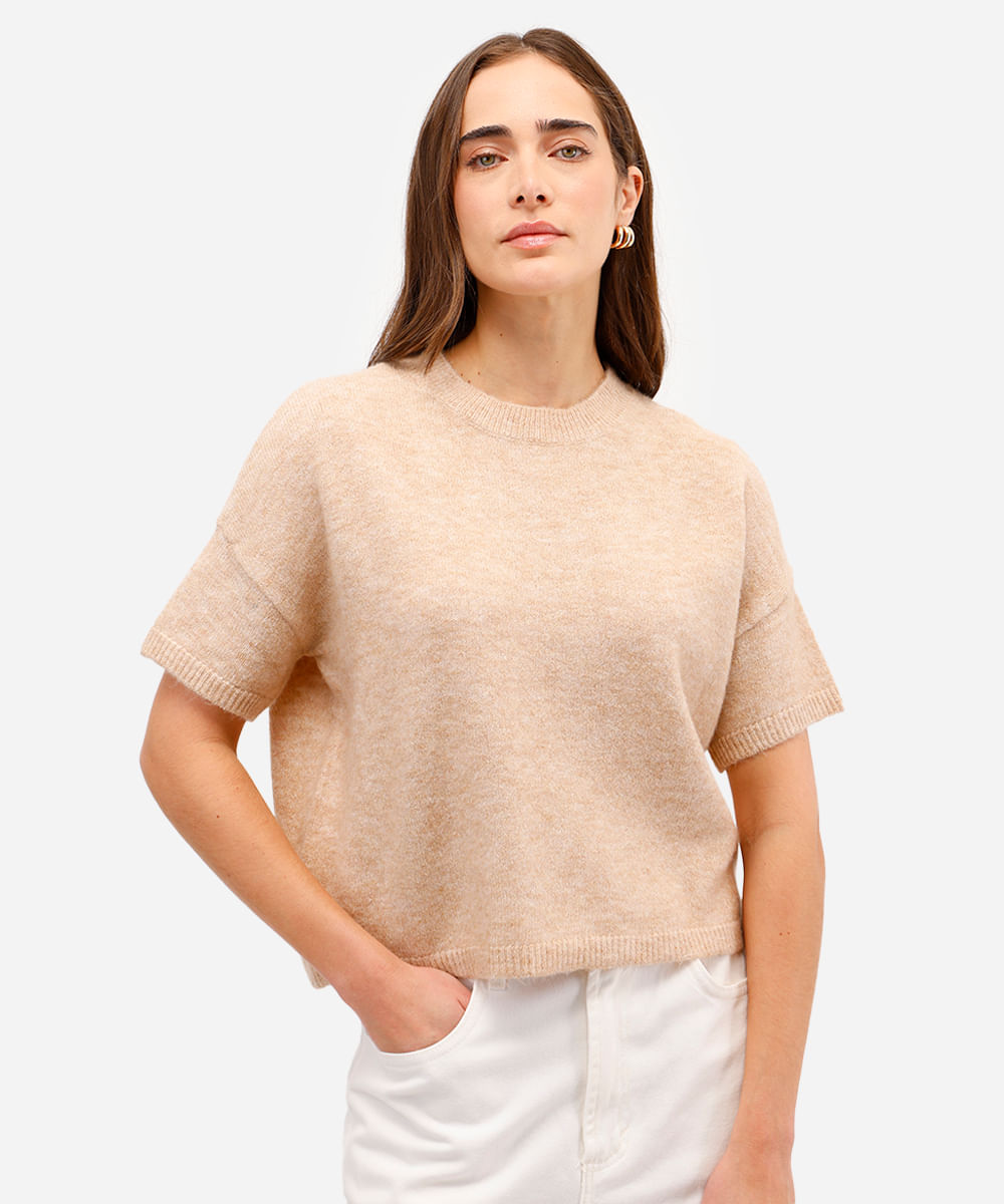 blusa feminina de tricot com lã manga curta bege