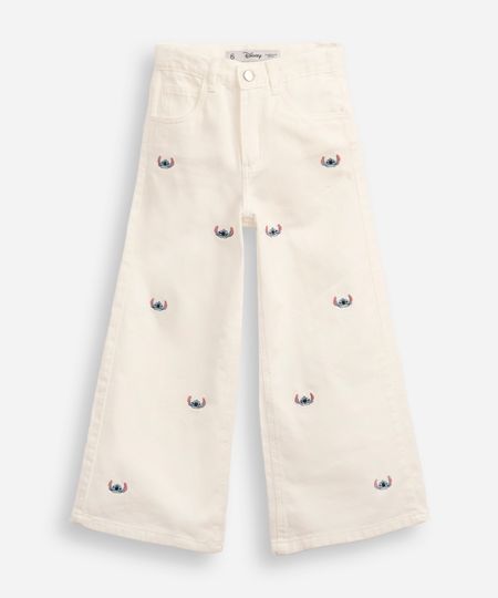 calça wide leg infantil sarja bordado stitch  off white 8 calça wide leg infantil sarja bordado stitch  off white 8
