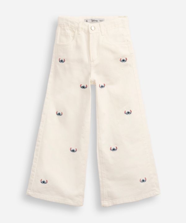 calça wide leg infantil sarja bordado stitch off white 10
