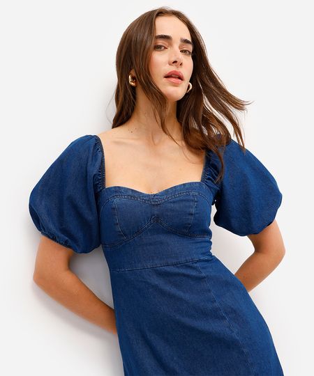 vestido midi feminino jeans manga bufante com fenda azul P