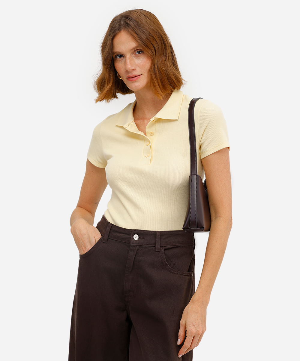 polo básica feminina de algodão manga curta canelada amarela