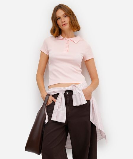 polo básica feminina de algodão manga curta canelada rosa GG polo básica feminina de algodão manga curta canelada rosa GG
