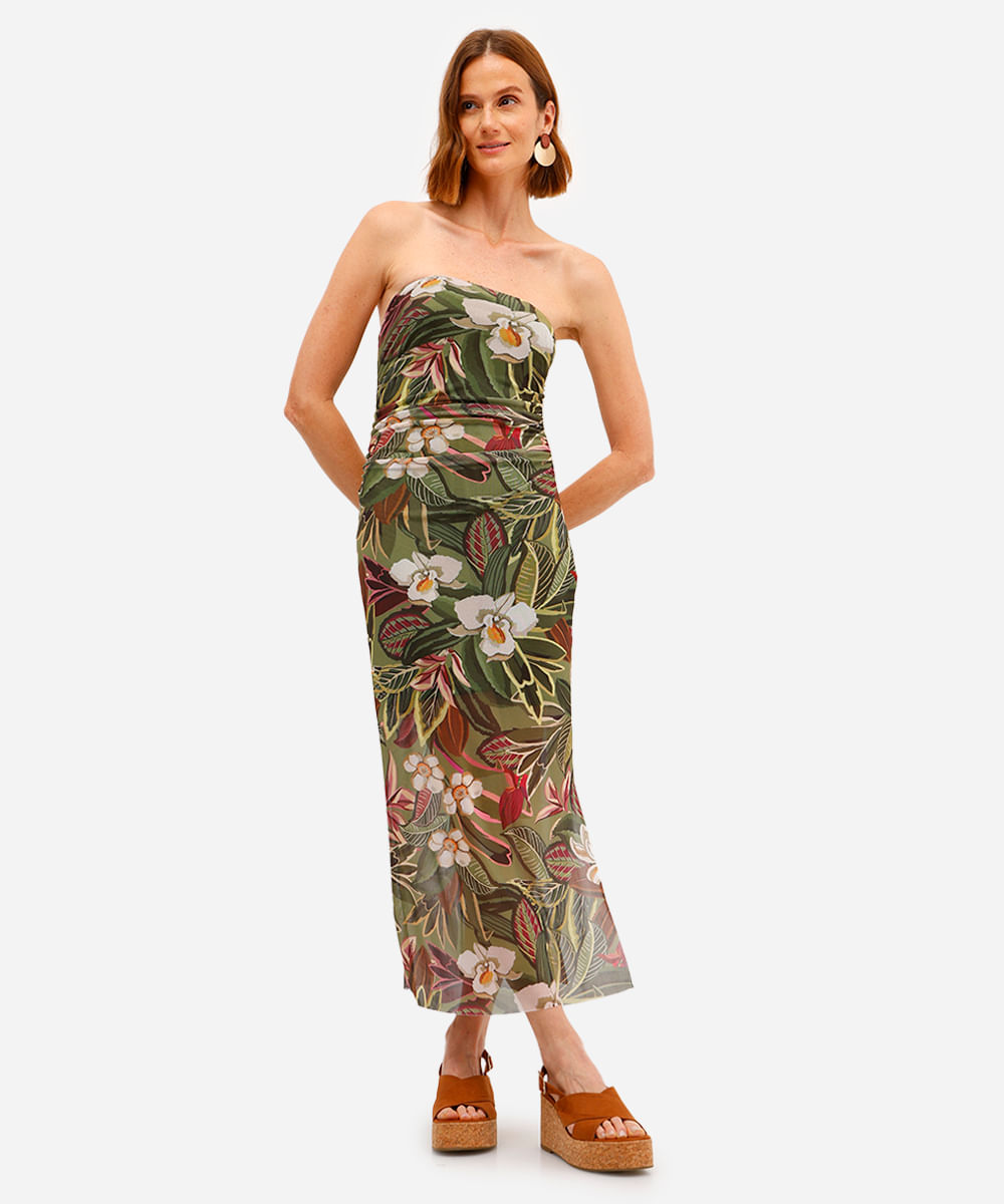 vestido sem alça feminino de tule franzido com fenda floral verde