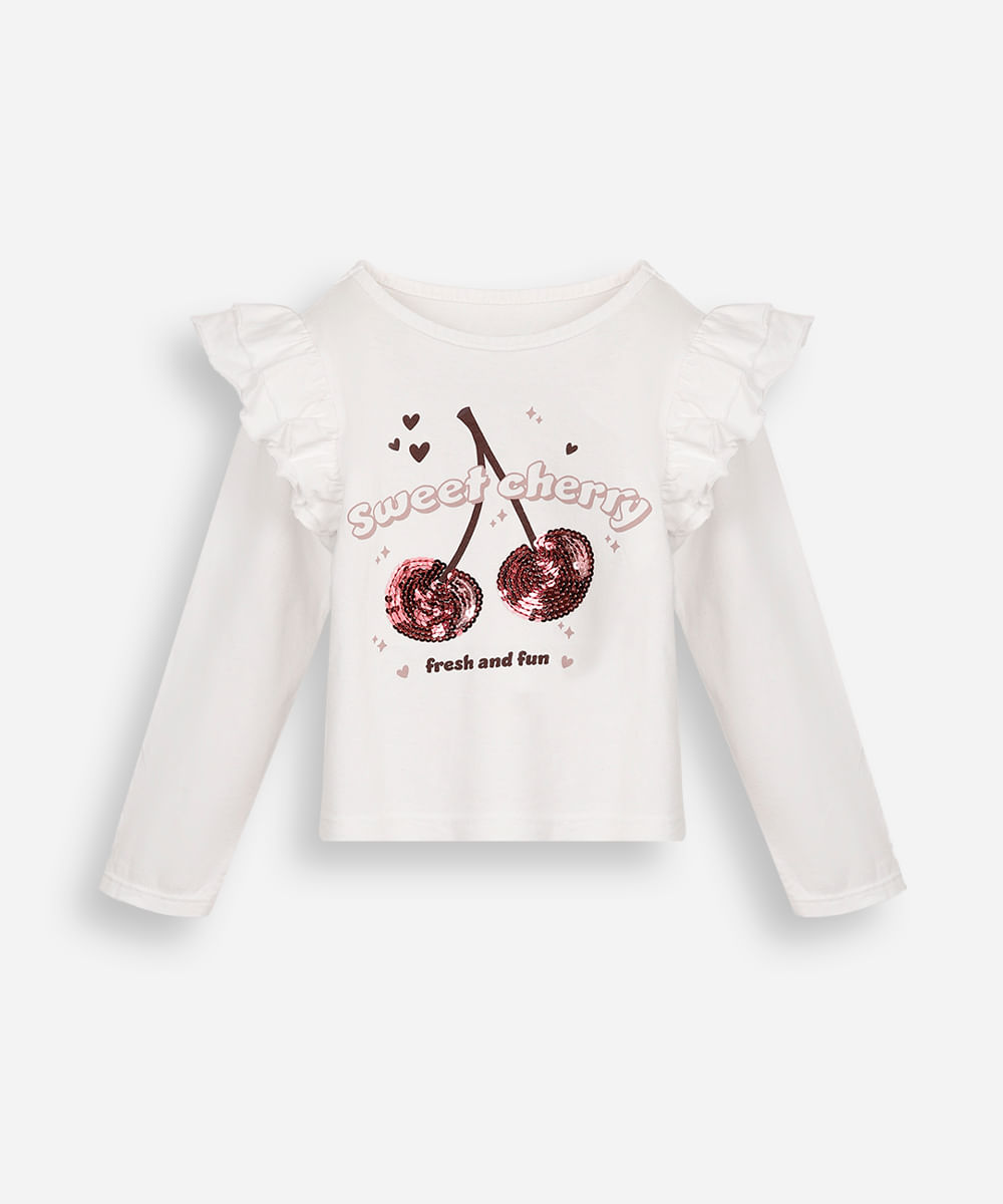 blusa infantil manga longa com babado e bordado cereja off white