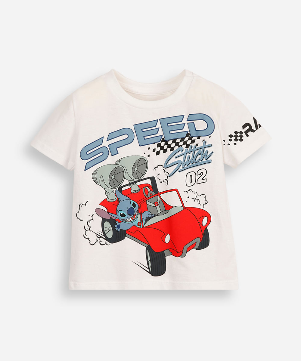 camiseta infantil stitch no carro branca