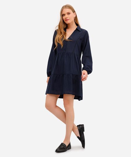 vestido com linho curto manga longa - azul marinho P vestido com linho curto manga longa - azul marinho P