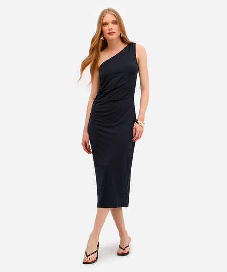 vestido ombro único feminino franzido preto PP