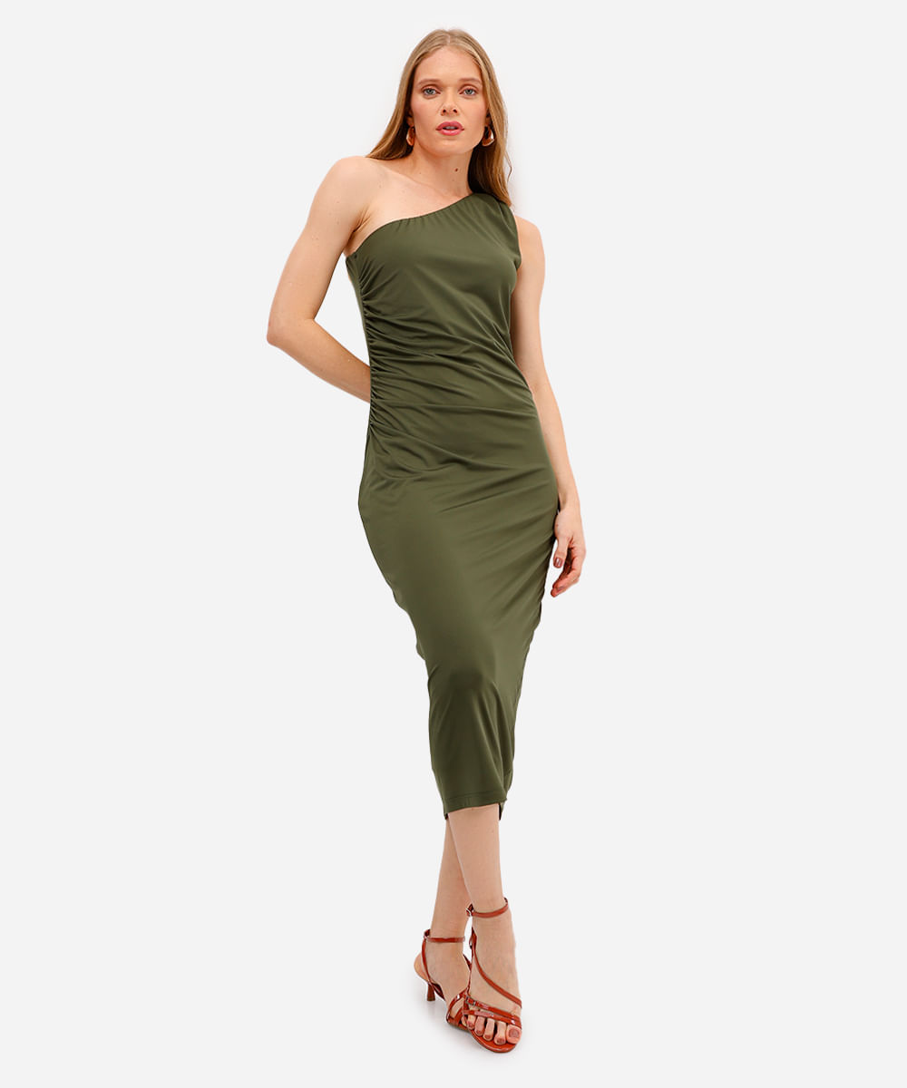 vestido ombro único feminino franzido verde