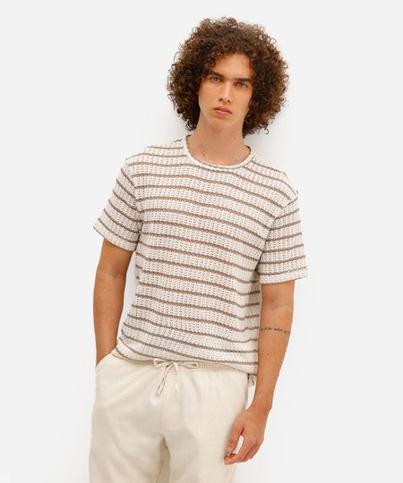 camiseta masculina de tricot listrada bege P camiseta masculina de tricot listrada bege P