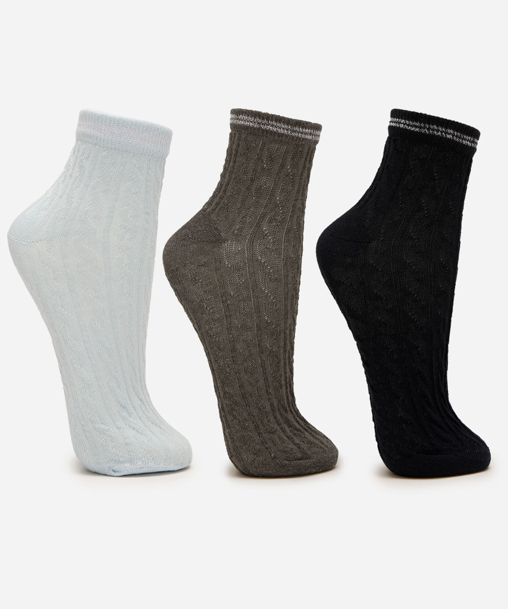 kit de 3 meias cano baixo texturizada lurex 34-39 colorido kit de 3 meias cano baixo texturizada lurex 34-39 colorido