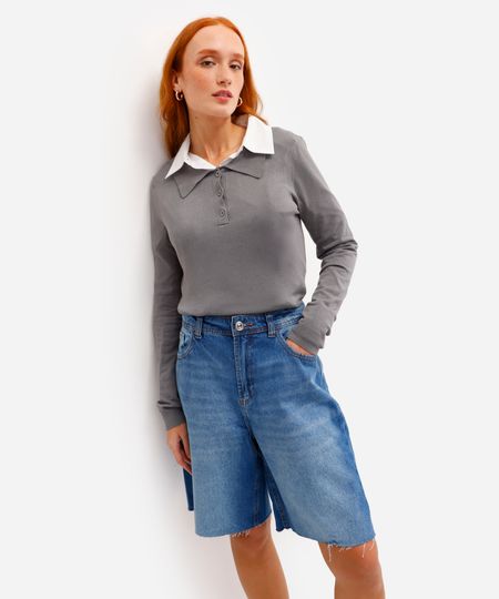 bermuda feminina jeans barra a fio azul 34