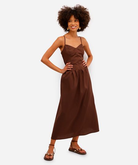vestido feminino longo cintura alongada com alça fina - marrom PP vestido feminino longo cintura alongada com alça fina - marrom PP