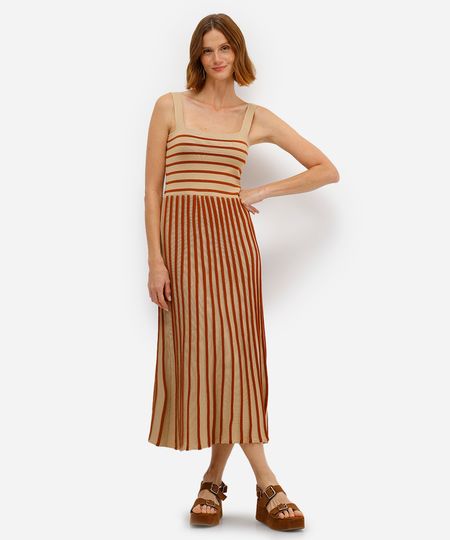 vestido midi feminino de tricot listrado - bege M
