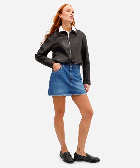 minissaia feminina jeans barra desfiada azul 46