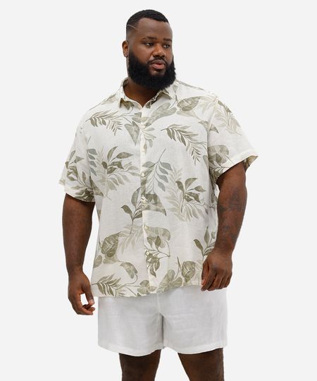 camisa comfort masculina com linho folhagens plus size branca GG3 camisa comfort masculina com linho folhagens plus size branca GG3