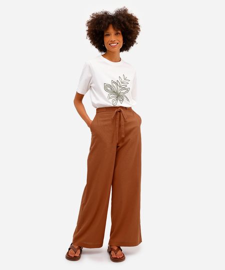 calça pantalona feminina com linho cós elástico - marrom escuro 42