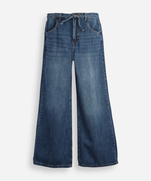 calça jeans wide leg infantil com cordão para amarração azul 14