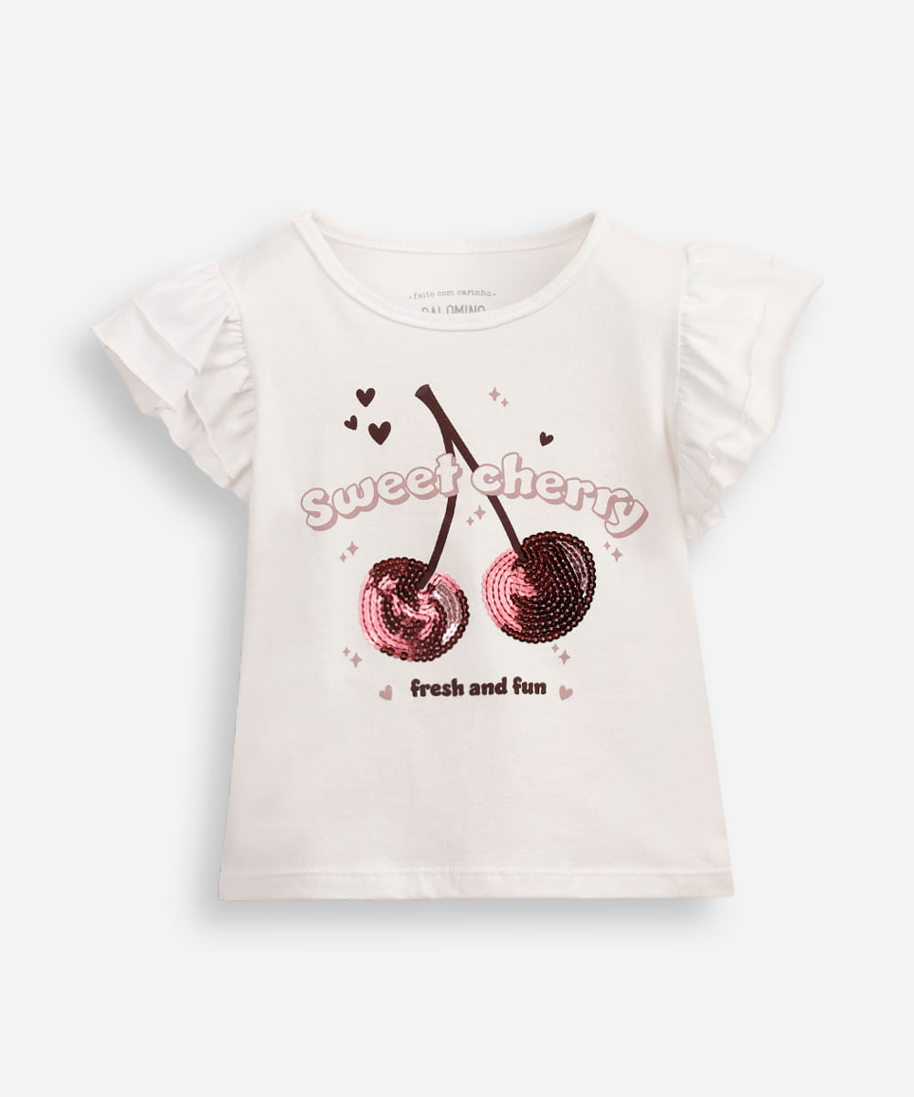 blusa infantil com babado e bordado cereja off white