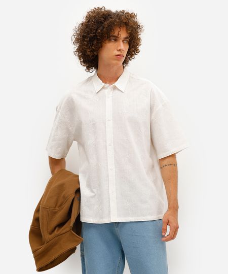 camisa masculina de algodão bordada floral off white M camisa masculina de algodão bordada floral off white M