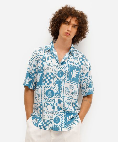 camisa masculina manga curta estampada viscose azul PP camisa masculina manga curta estampada viscose azul PP