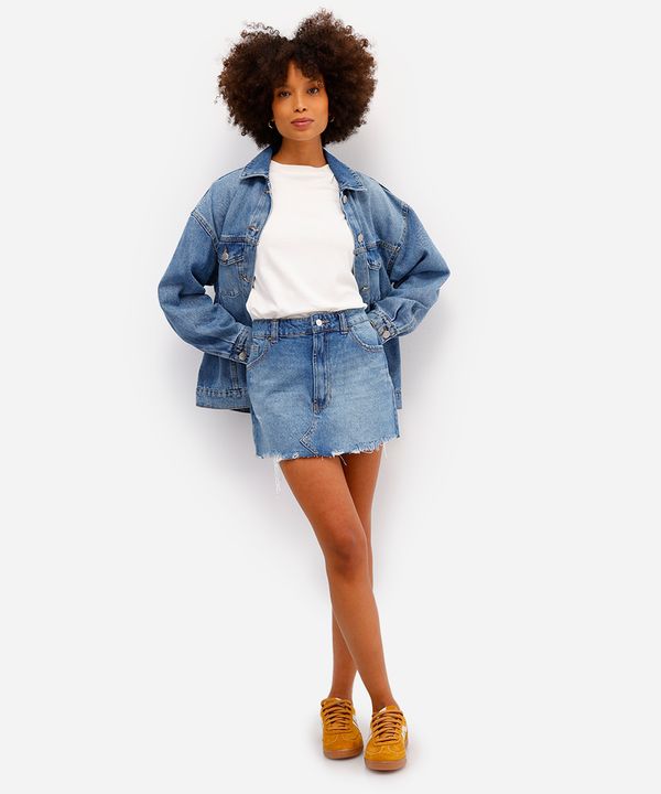 minissaia feminina jeans barra desfiada azul 36