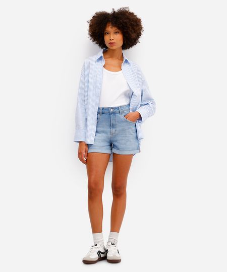short mom jeans feminino slim cintura super alta azul 44
