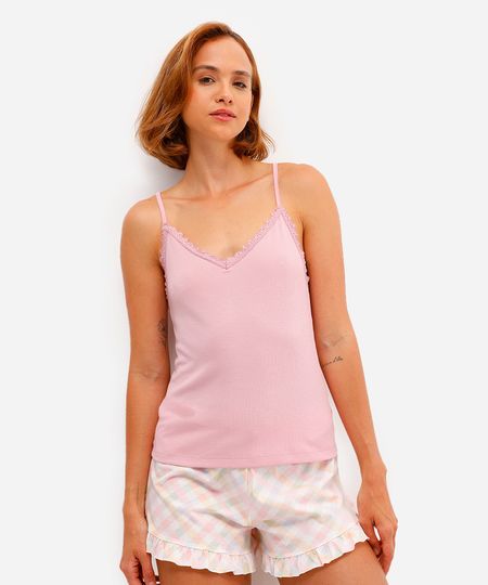 regata de pijama feminina canelada com renda rosa P regata de pijama feminina canelada com renda rosa P